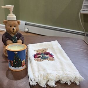 Resin Christmas Bear Soap Dispenser with Hand Towel & Candle  - NWOT